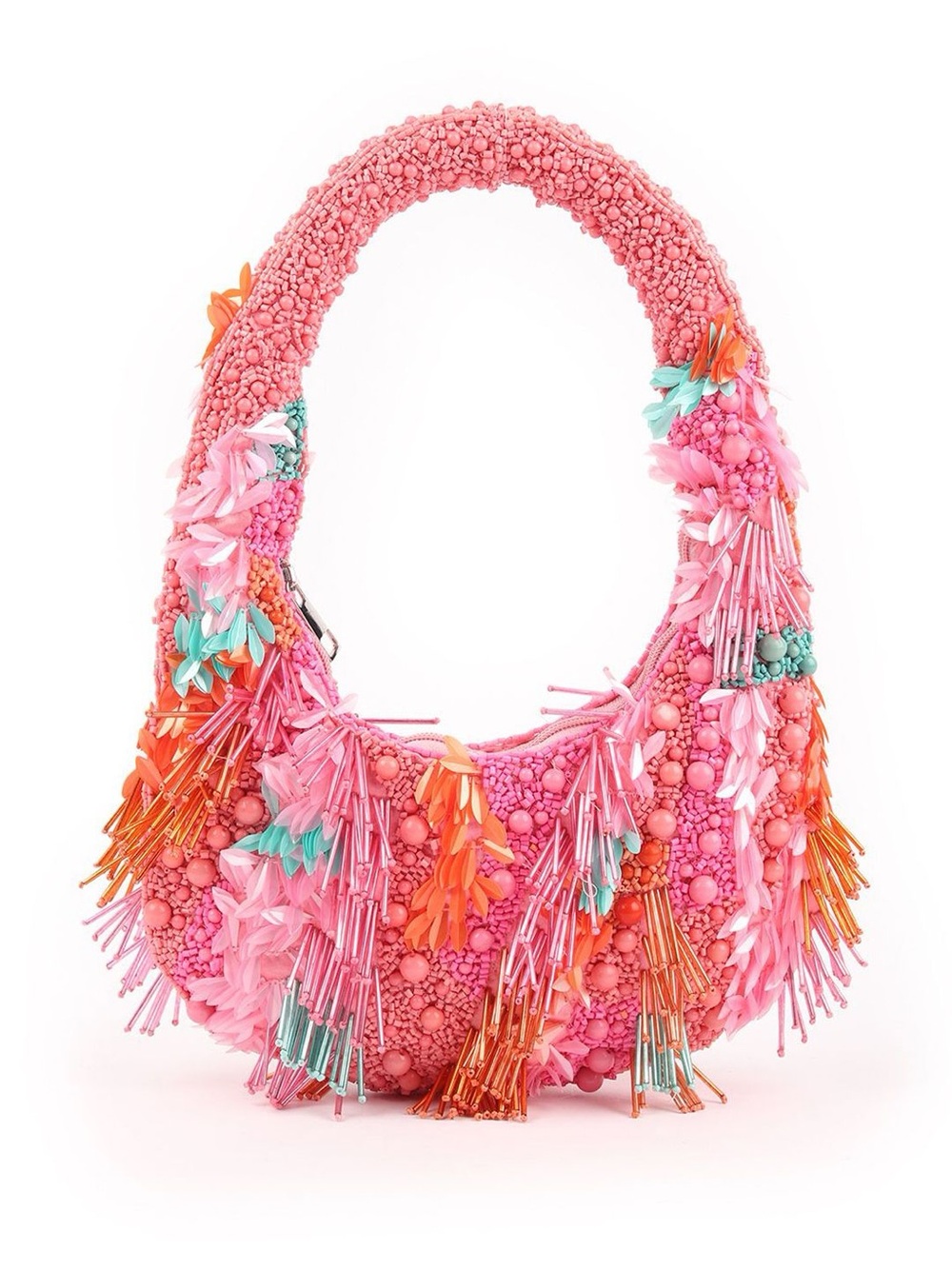 Pink Beaded Sequin Fringe Shoulder Bag